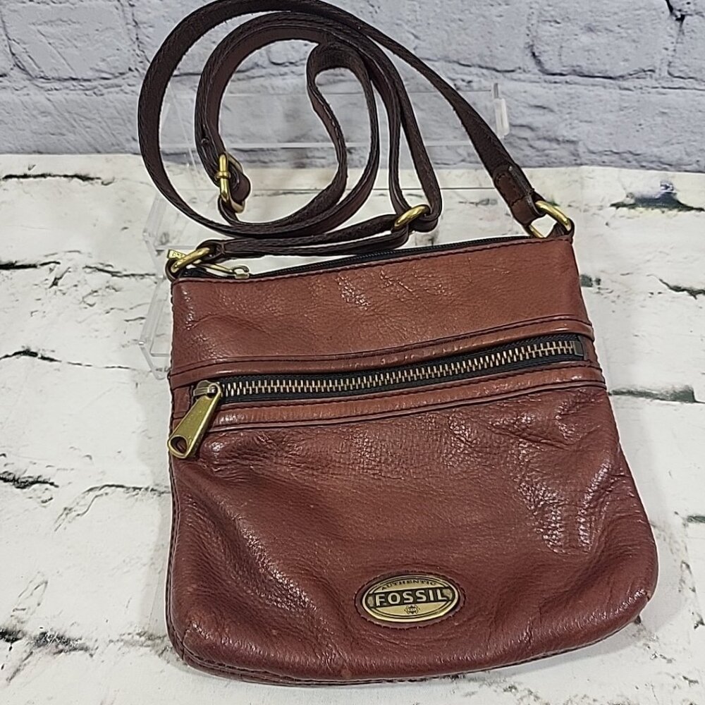 VTG FOSSIL Bag Brown Cowhide Leather Crossbody Purse Shoulder Bag #SL3253 8”x 8”